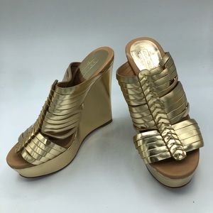 Coach 5.5 Gold Metallic Bristol Peep Toe Wedge Sandal